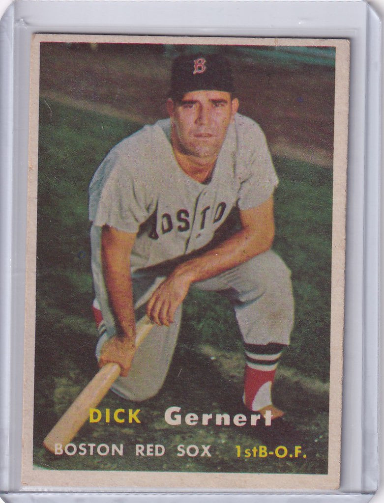 Baseball card of Dick Gernert in batting stance for Boston Red Sox from Topps Baseball