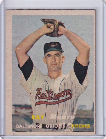 Baseball player Ray Moore in Baltimore Orioles uniform striking a pitching pose for Topps Baseball