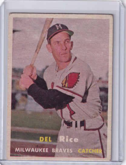 Vintage Topps Baseball card of Del Rice, Milwaukee Braves catcher in batting stance