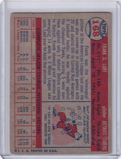 Vintage Topps Baseball card of Frank Lary showcasing Detroit Tigers player stats and illustration