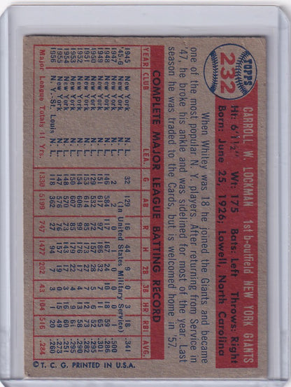 1957 Topps Baseball card of Whitey Lockman featuring New York Giants stats and bio