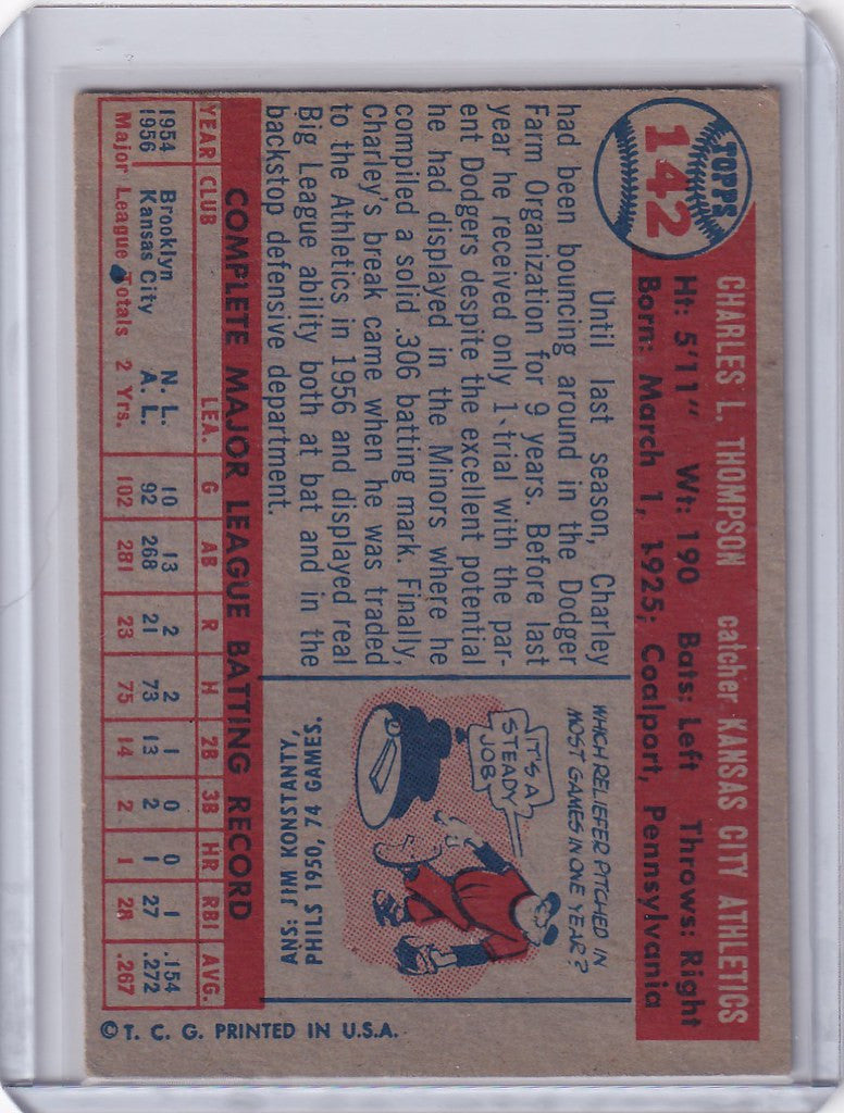 Vintage 1957 Topps Baseball #142 Tim Thompson card with Kansas City Athletics stats