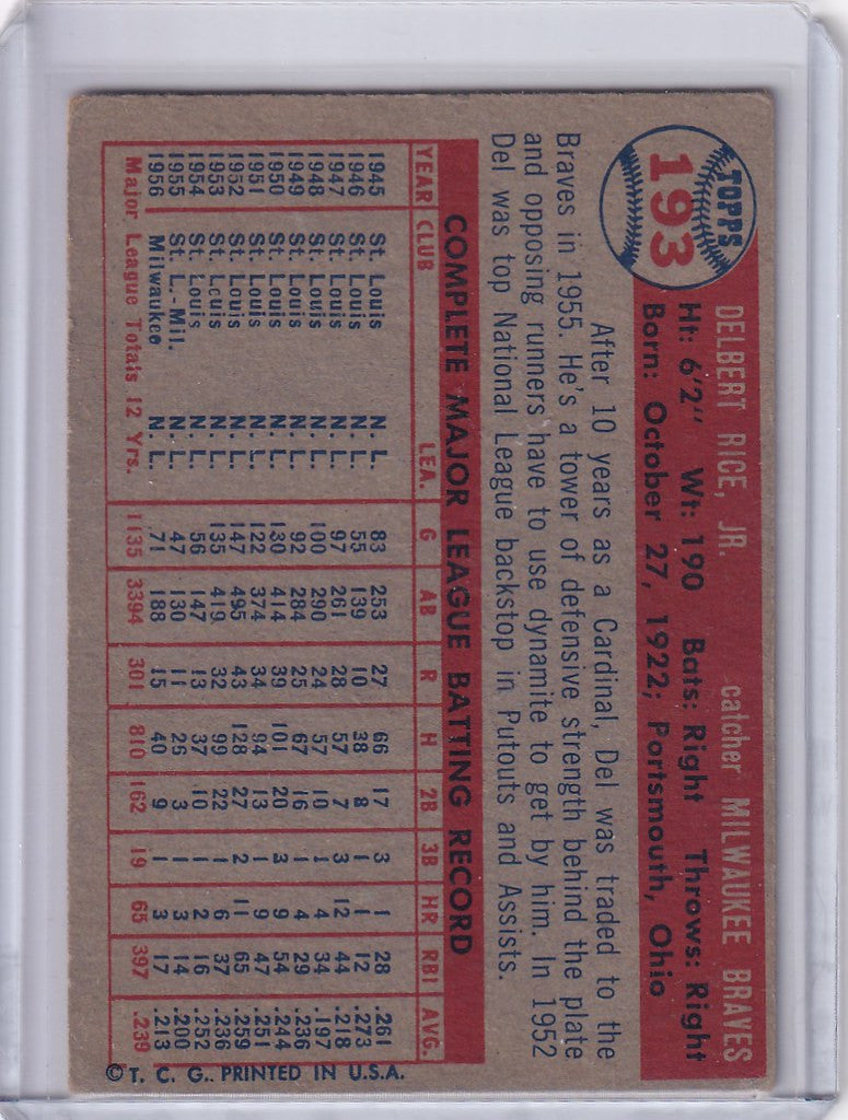 Vintage 1957 Topps Baseball card of Del Rice with Milwaukee Braves stats and bio