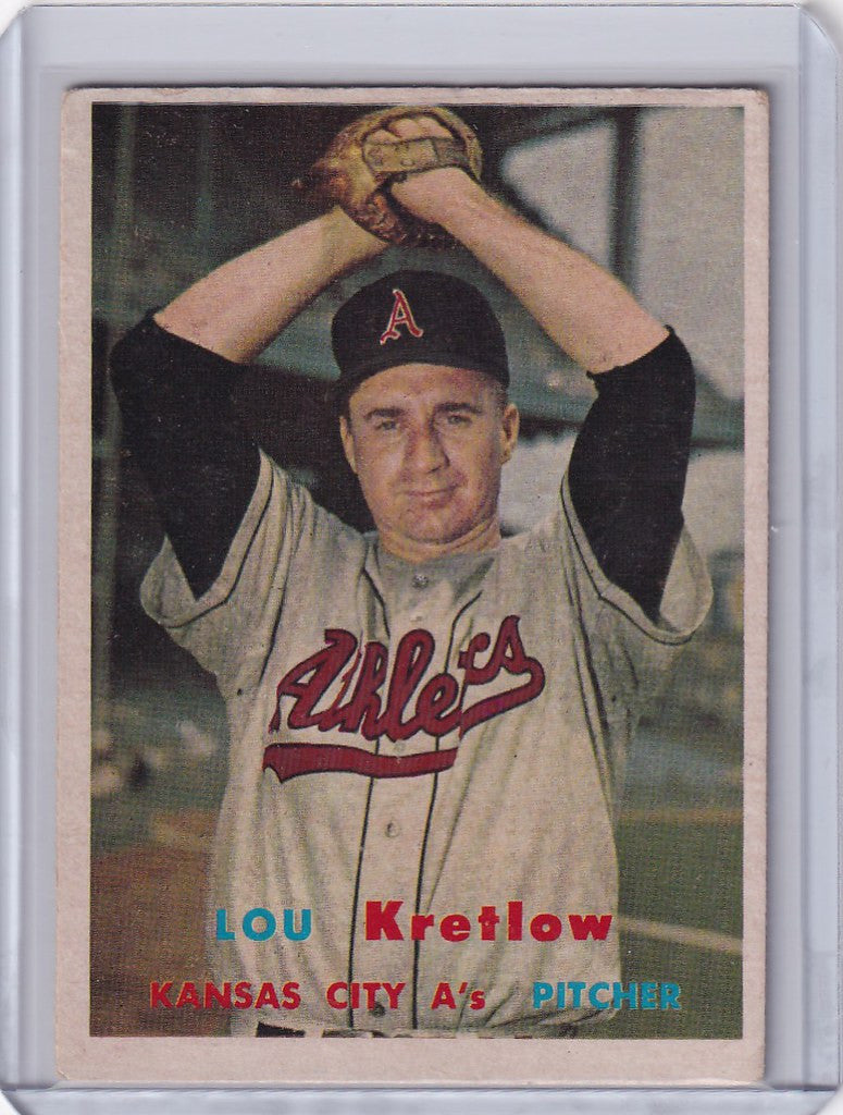 Baseball card of Lou Kretlow in windup pose for Kansas City Athletics Topps Baseball