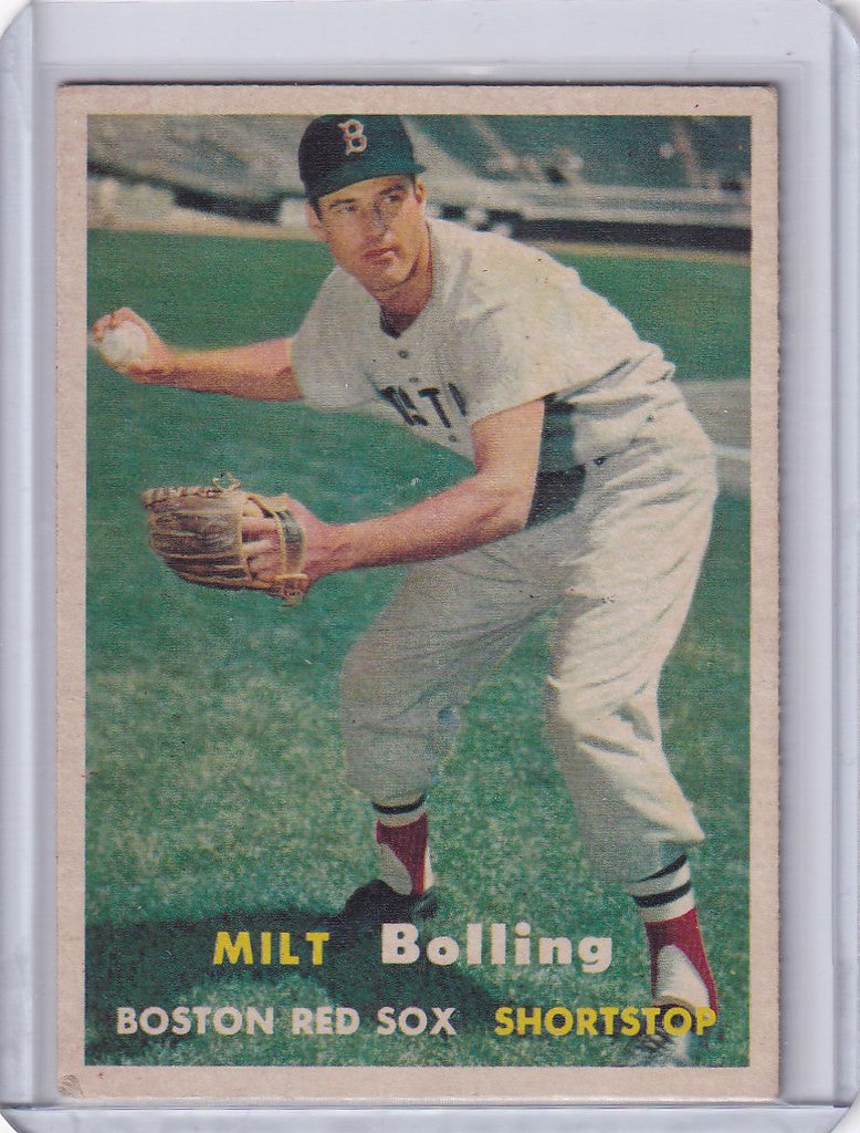 Baseball card of Milt Bolling pitching for the Boston Red Sox from Topps Baseball 1957