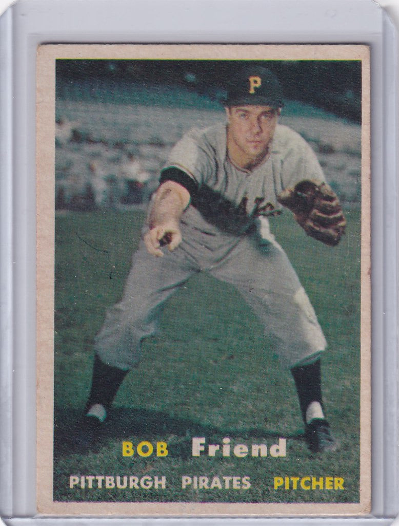 Vintage 1957 Topps Baseball card of Bob Friend, Pittsburgh Pirates pitcher in fielding stance