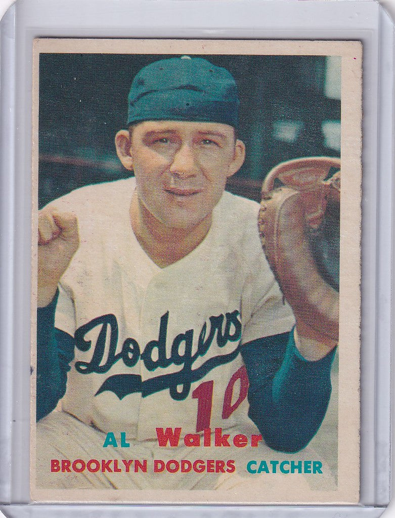 1957 Topps Baseball card of Rube Walker, Brooklyn Dodgers catcher in uniform