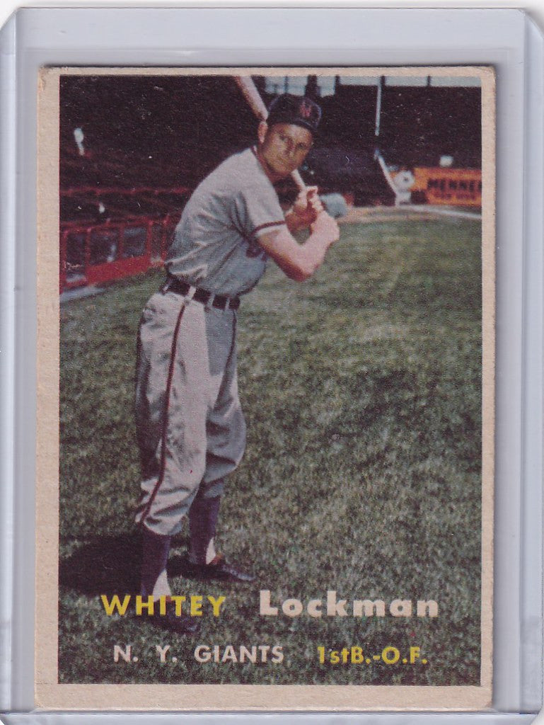 Vintage Topps Baseball card of Whitey Lockman in batting stance for New York Giants