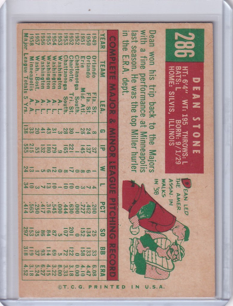 Vintage 1959 Topps Baseball card of Dean Stone featuring Boston Red Sox player stats