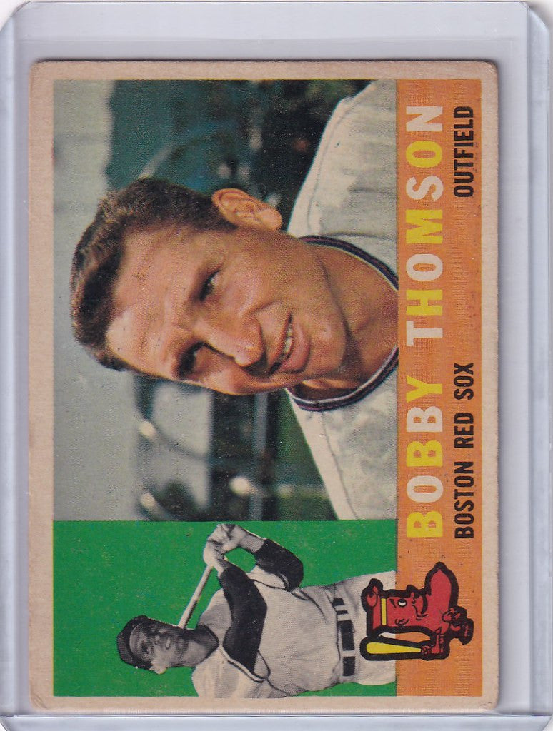 Baseball card of Bobby Thomson, Boston Red Sox player in white uniform with action shot