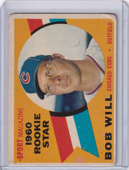 Baseball card of Chicago Cubs player Bob Will in blue cap and glasses from 1960 Topps