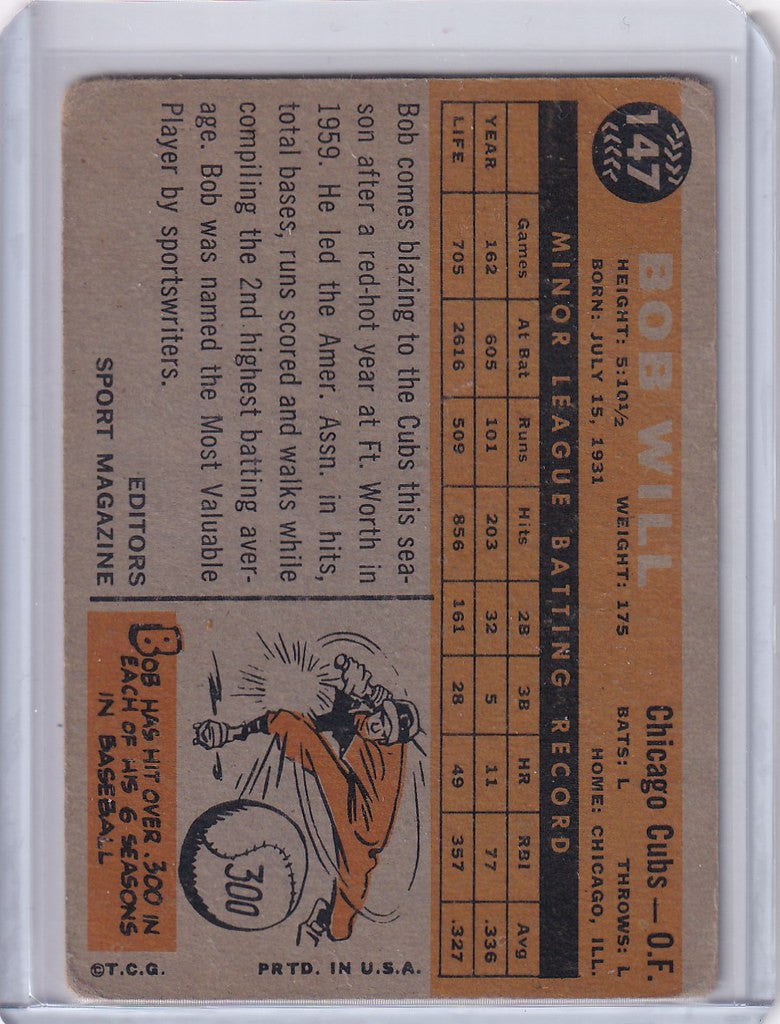 Vintage Baseball Card of Bob Will from the Chicago Cubs with player stats and illustration