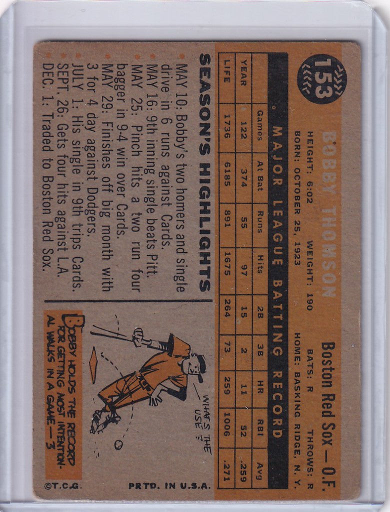 Vintage 1960 Topps Bobby Thomson baseball card featuring Boston Red Sox player stats