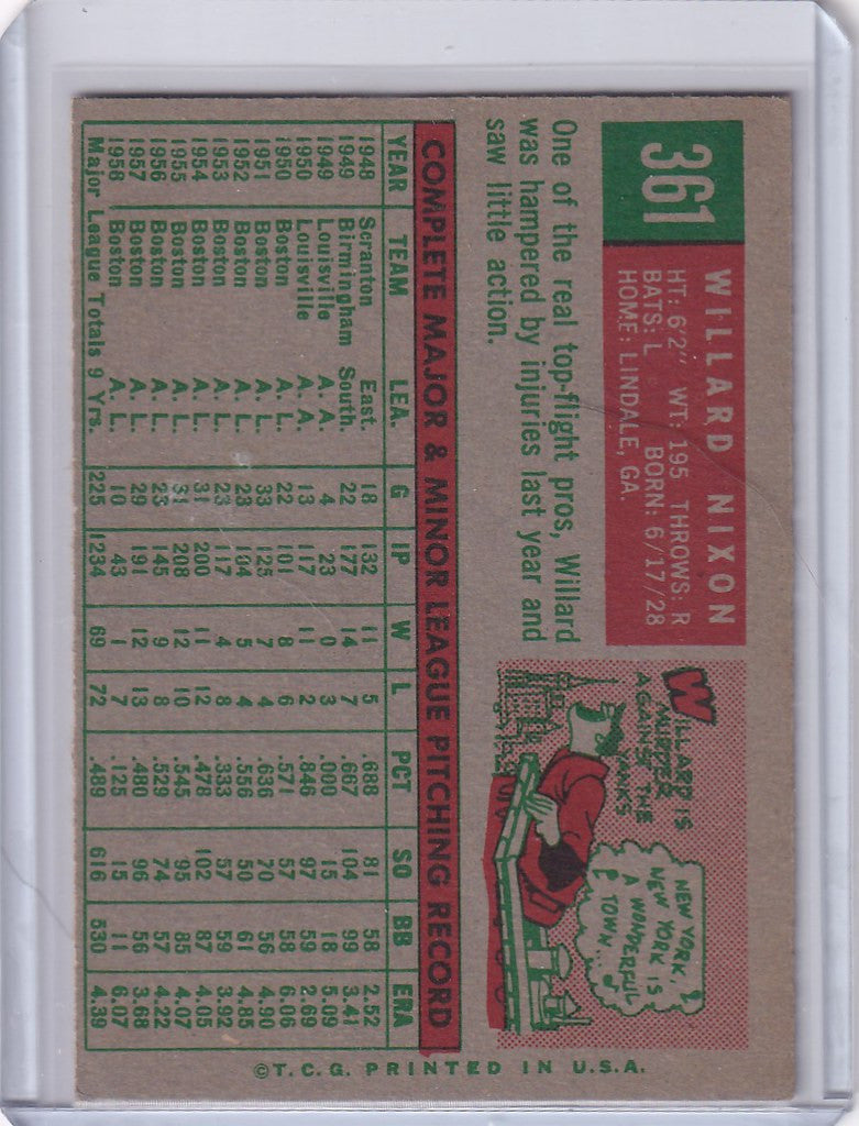 Vintage Topps Baseball card of Willard Nixon, Boston Red Sox player statistics and illustration