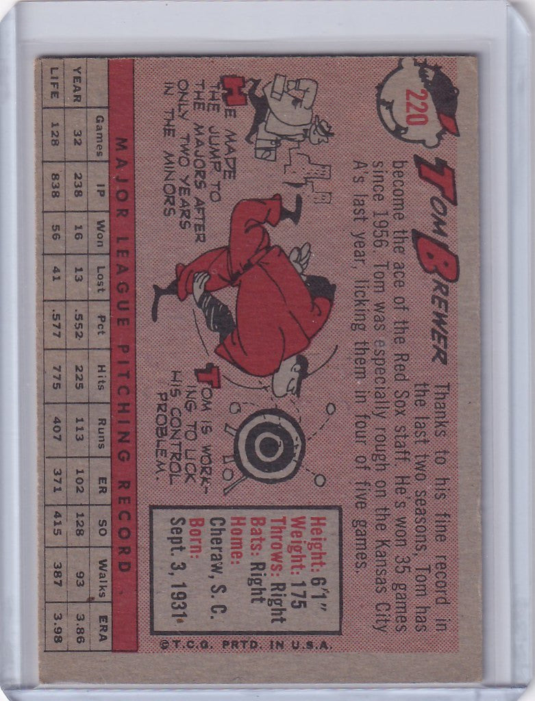 Vintage baseball trading card of Tom Brewer sliding for the Boston Red Sox