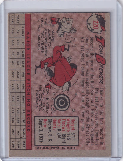 Vintage baseball trading card of Tom Brewer sliding for the Boston Red Sox