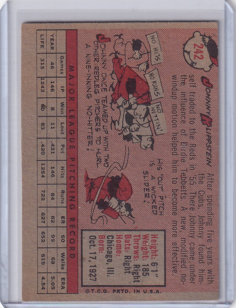 Vintage baseball trading card of Johnny Klippstein from Cincinnati Reds with cartoons