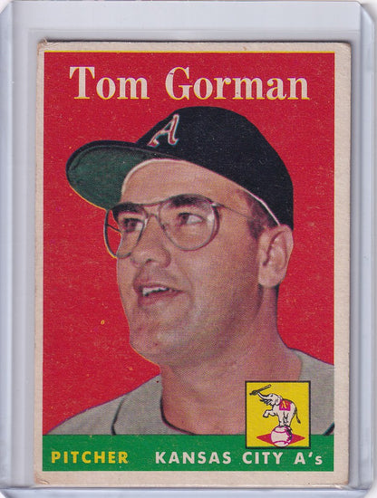 Vintage baseball card of Tom Gorman from Kansas City Athletics against red background