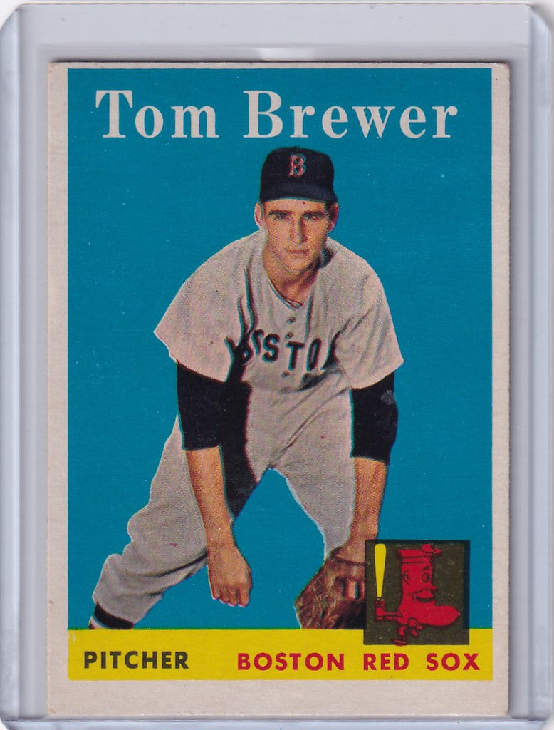 Vintage baseball card of Tom Brewer in pitching stance for Boston Red Sox