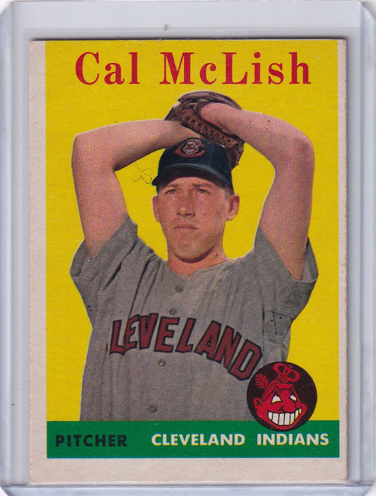 Baseball card of Cal McLish pitching for Cleveland Indians on a yellow background