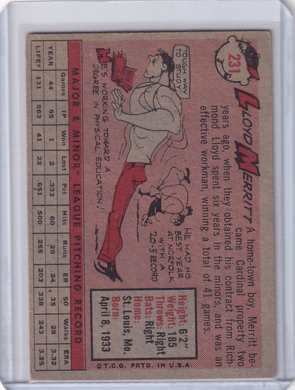 Vintage 1958 Topps Lloyd Merritt trading card for St. Louis Cardinals with cartoon illustration