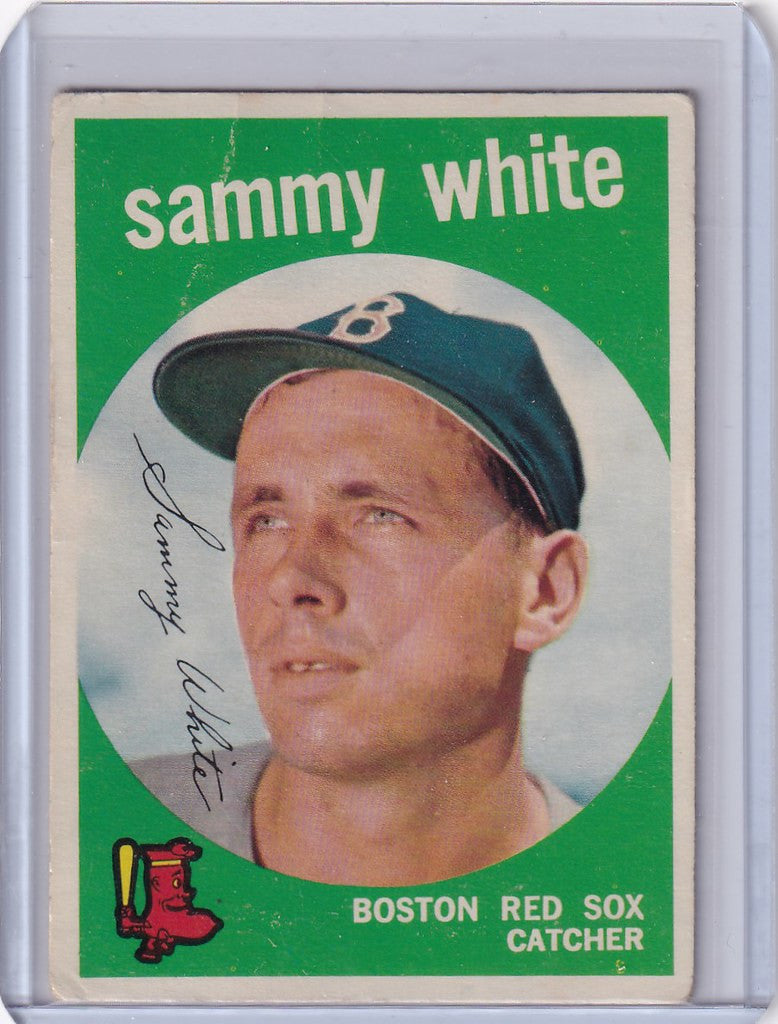 Vintage Topps Baseball card of Sammy White, Boston Red Sox catcher in blue cap