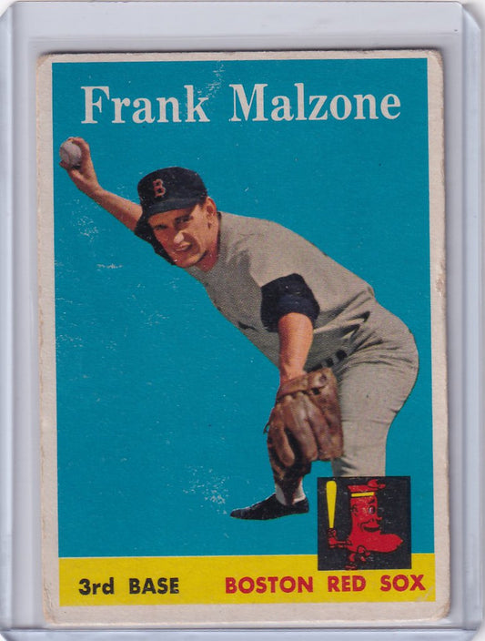 Boston Red Sox baseball card of Frank Malzone in a fielding pose from 1958 Topps