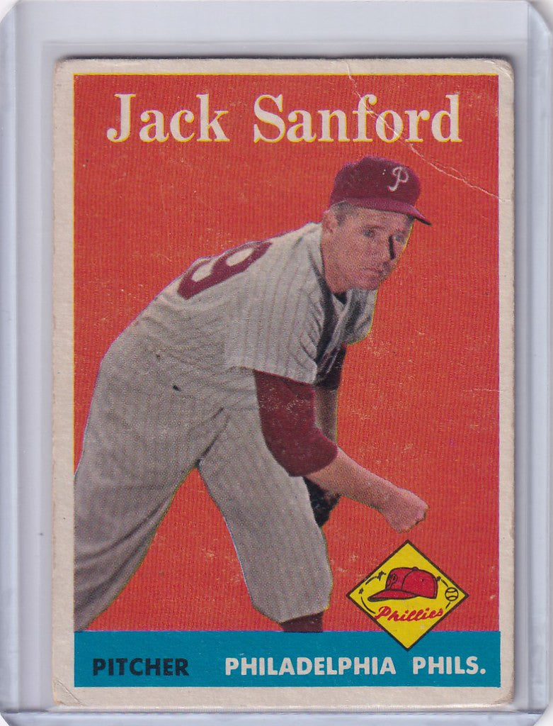 Vintage baseball card of Jack Sanford, Philadelphia Phillies pitcher in throwing stance