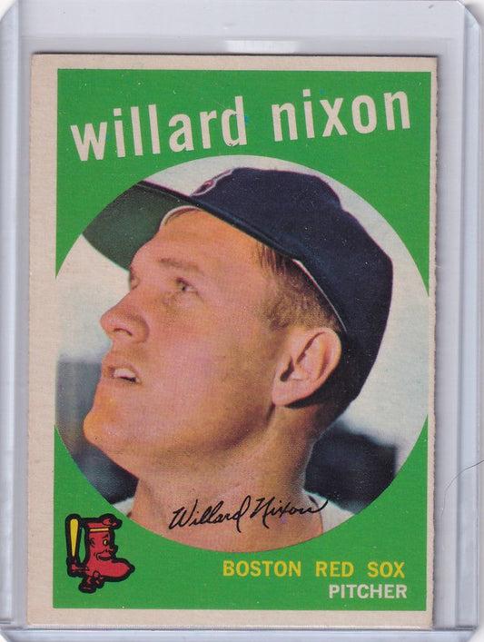 Baseball card of Willard Nixon, Boston Red Sox pitcher, from 1959 Topps Baseball