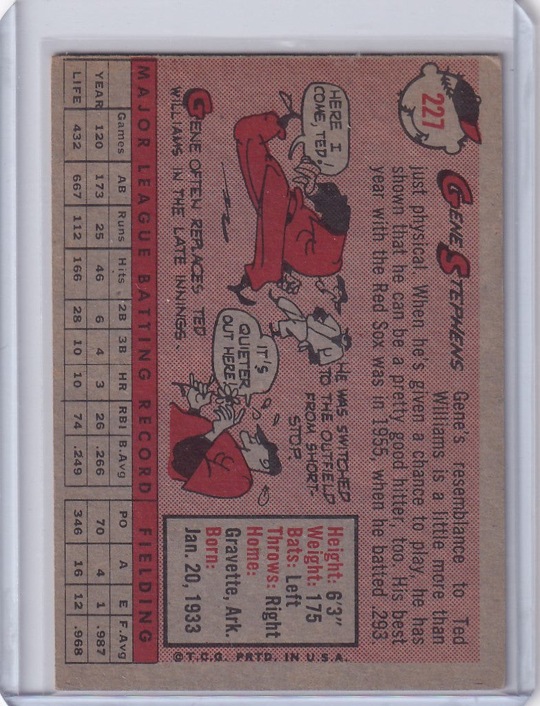 Vintage 1958 Topps #227 Gene Stephens baseball card featuring Boston Red Sox stats and art