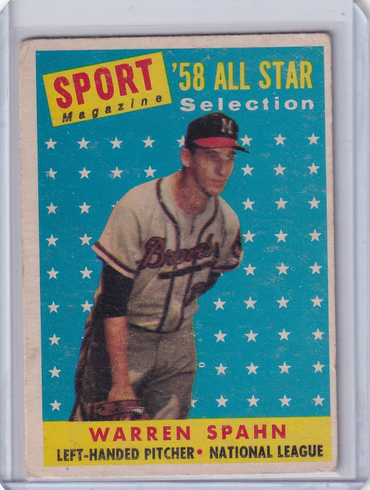 Vintage baseball card of Warren Spahn, 1958 All-Star for Milwaukee Braves