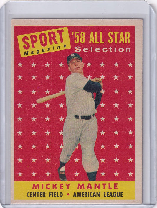 Vintage baseball card of Mickey Mantle in New York Yankees uniform against red background