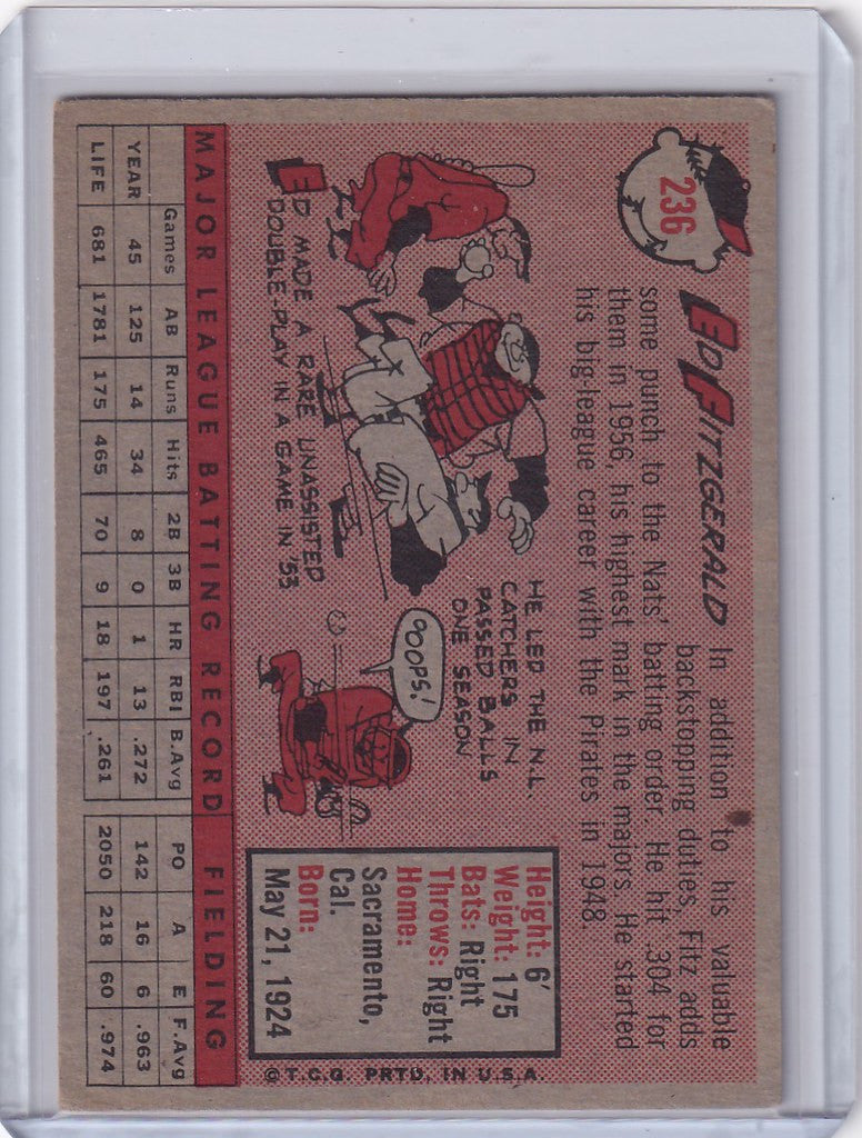 Vintage 1958 Topps Baseball Card of Ed Fitz Gerald - Washington Senators Illustrations