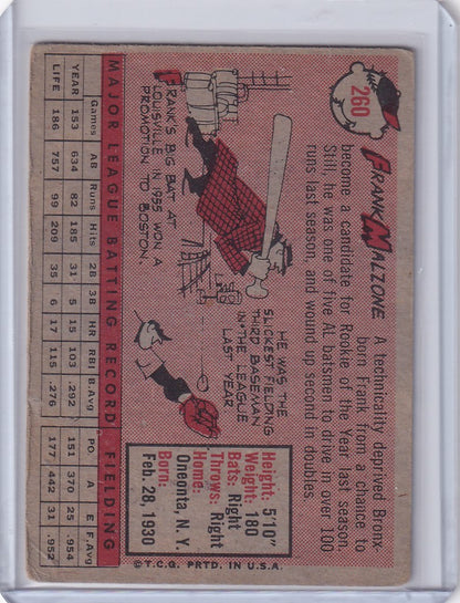 Vintage baseball card of Frank Malzone showcasing Boston Red Sox player stats and cartoons