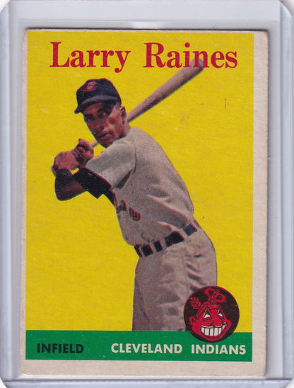 Larry Raines Cleveland Indians RC baseball card in batting stance from 1958 Topps