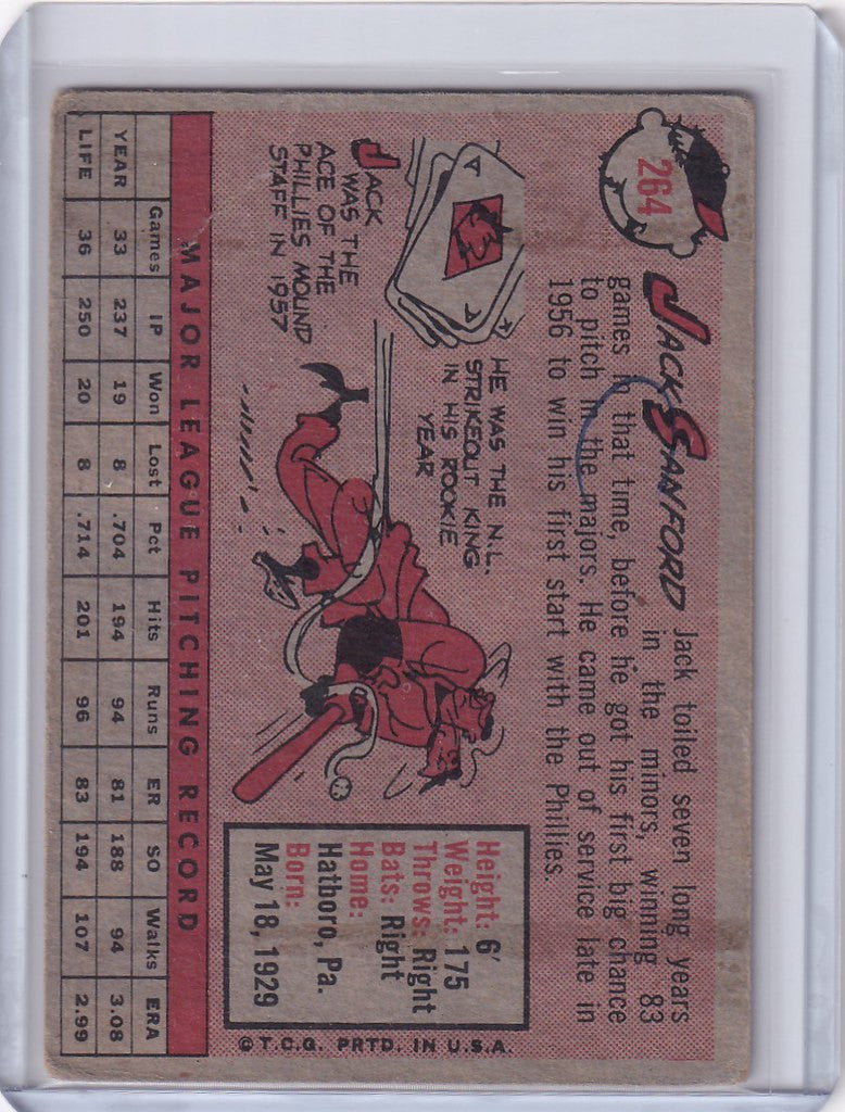 Vintage baseball card of Jack Sanford from the Philadelphia Phillies with cartoon art