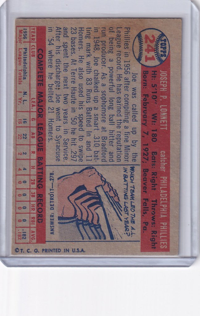 Vintage 1957 Topps Baseball card of Joe Lonnett featuring player stats and illustration