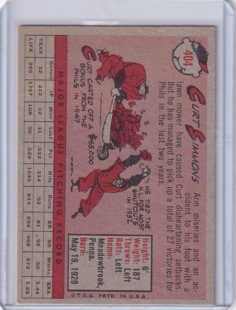 Vintage baseball card of Curt Simmons - Philadelphia Phillies with whimsical player illustrations