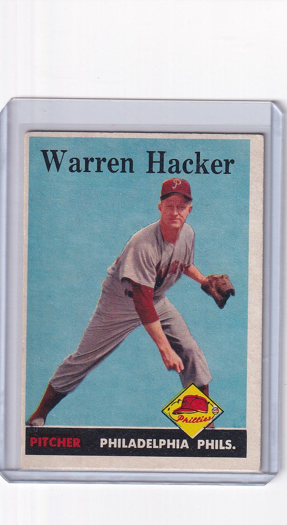 Baseball card of Warren Hacker pitching in Philadelphia Phillies uniform