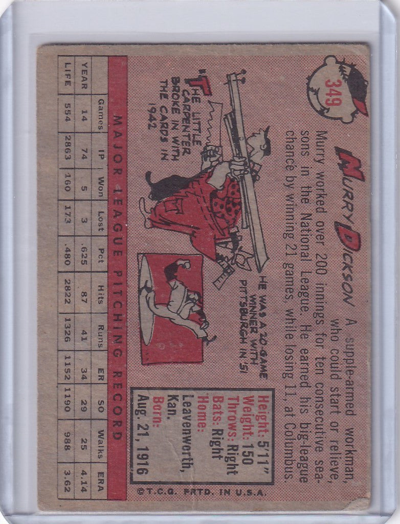 Vintage baseball card of Murry Dickson, Kansas City Athletics player statistics and illustration