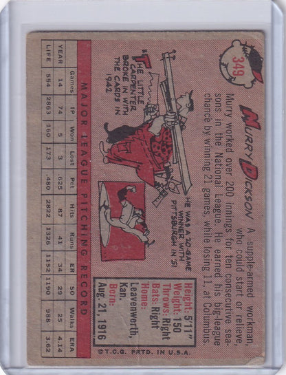 Vintage baseball card of Murry Dickson, Kansas City Athletics player statistics and illustration