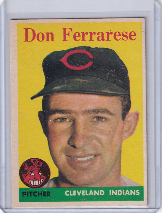 Baseball card of Don Ferrarese smiling in a Cleveland Indians cap, trading cards collectible