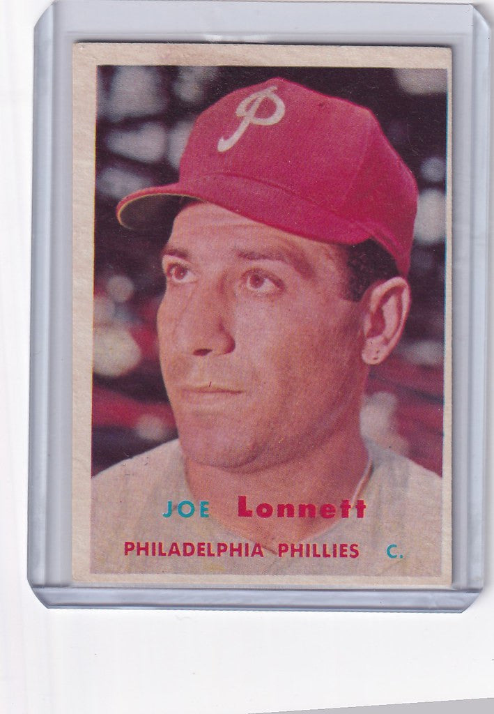 Topps Baseball card of Joe Lonnett, Philadelphia Phillies player in red cap