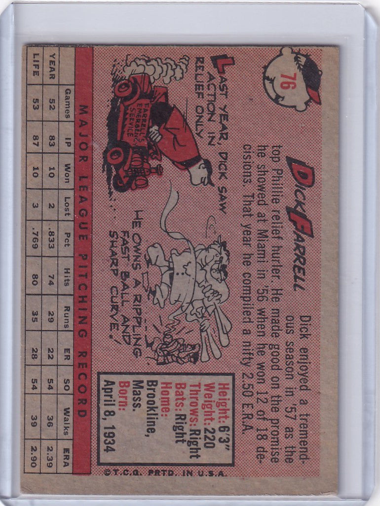 Vintage baseball card of Dick Farrell, Philadelphia Phillies with cartoon illustrations