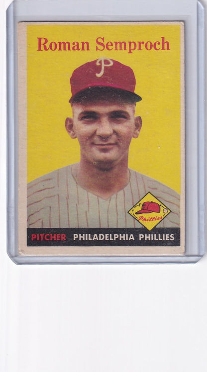 Baseball card of Ray Semproch in Philadelphia Phillies uniform and cap