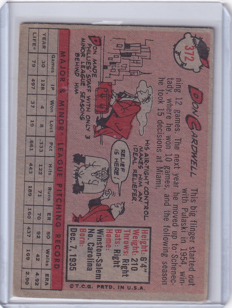 Vintage 1958 Topps Don Cardwell baseball card featuring cartoon illustrations and stats