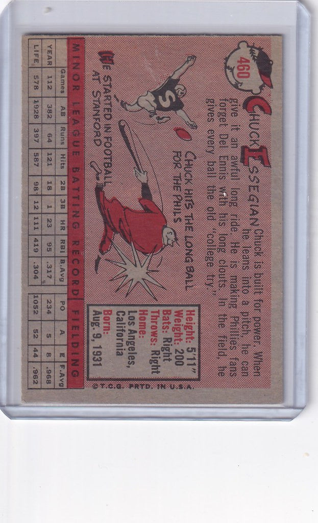 Vintage baseball card of Chuck Essegian swinging bat for Philadelphia Phillies RC