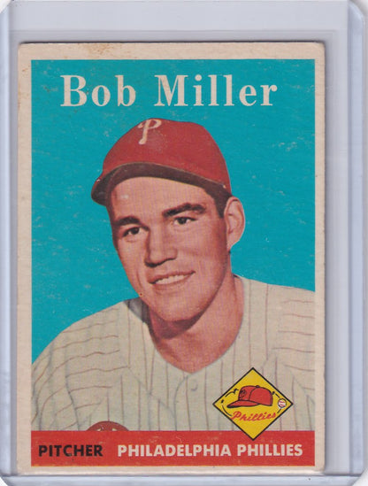 Vintage baseball card of Bob Miller, Philadelphia Phillies pitcher in red cap and pinstripes