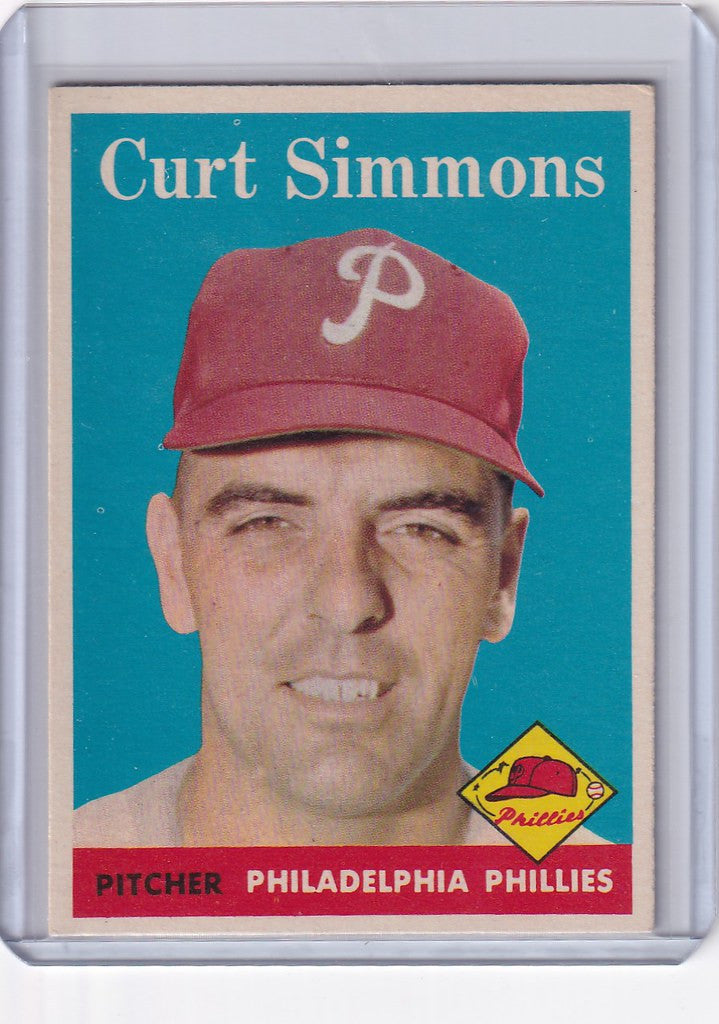 Baseball card of Curt Simmons, Philadelphia Phillies pitcher in red cap with P logo