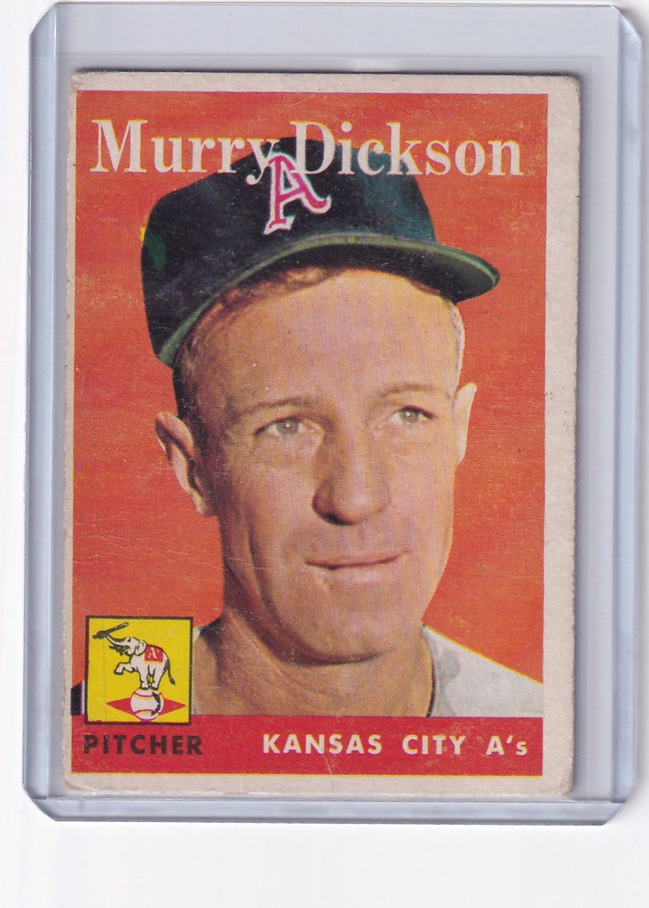 Baseball card of Murry Dickson from Kansas City Athletics against orange background